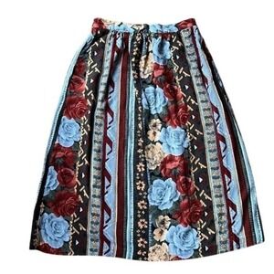 Vintage size 10 women's skirt elastic waist rose flowers with‎ orange red brown